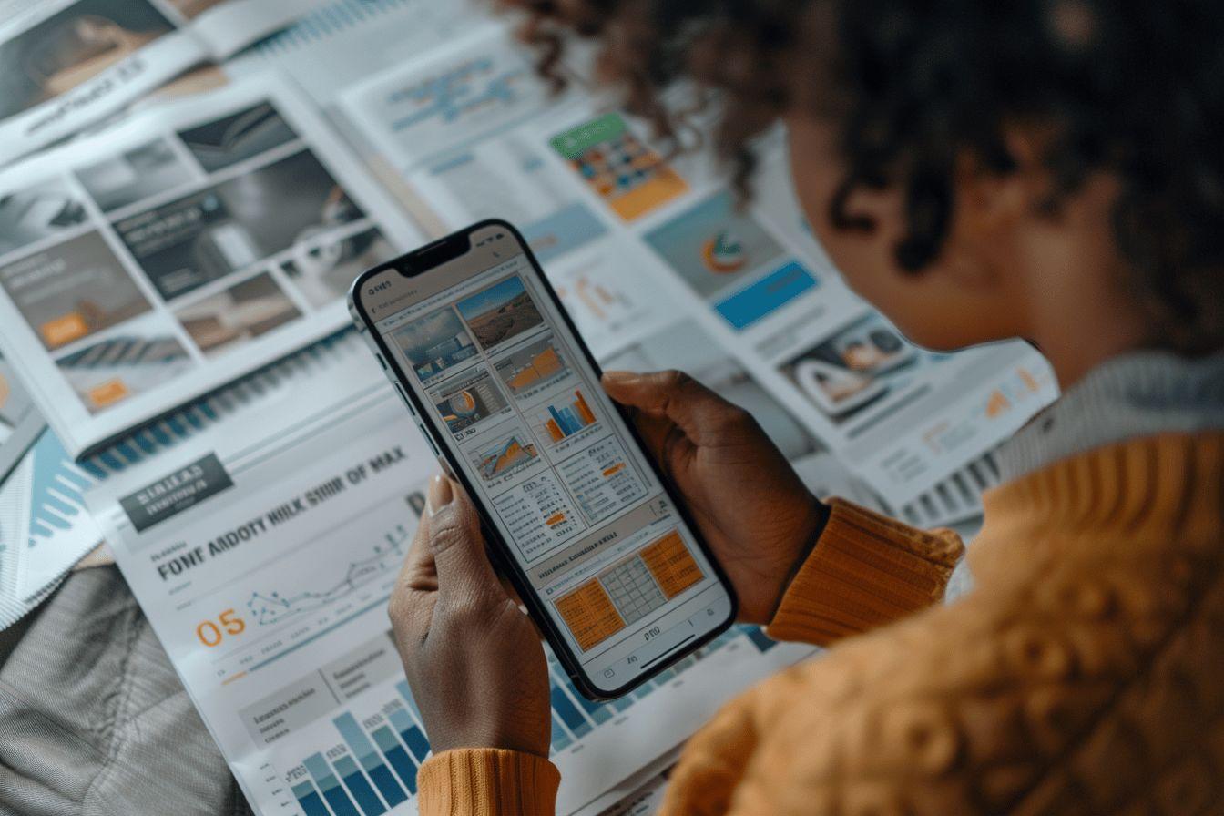 Personne tenant un smartphone et examinant des graphiques sur l'écran